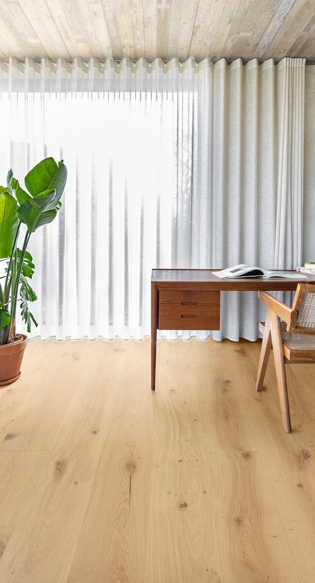 Bureau design en bois foncé près d'une fenêtre aux rideaux blancs. Le sol est recouvert d'un parquet chêne clair.