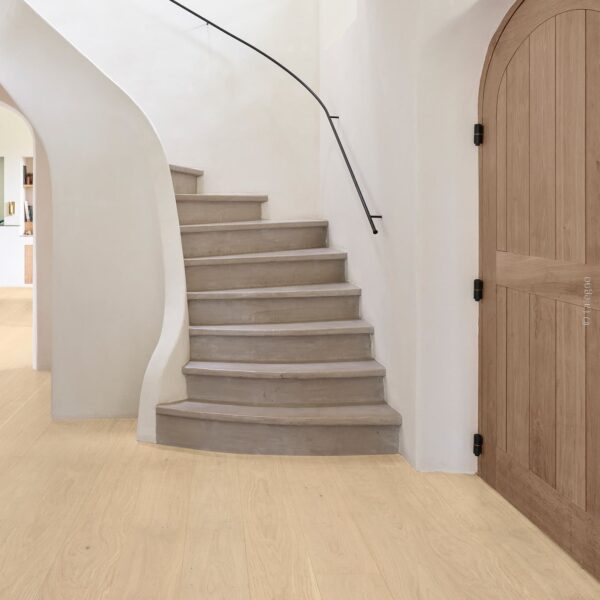 Escalier courbe en béton ciré gris, main courante noire, dans une entrée minimaliste avec murs en stuc et grande porte en bois cintrée.