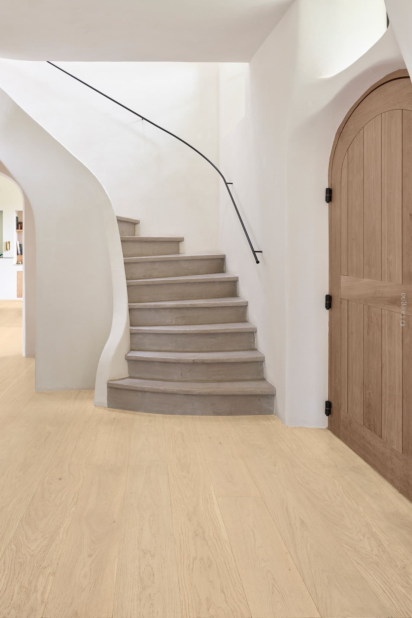 Escalier courbe en béton ciré gris, main courante noire, dans une entrée minimaliste avec murs en stuc et grande porte en bois cintrée.
