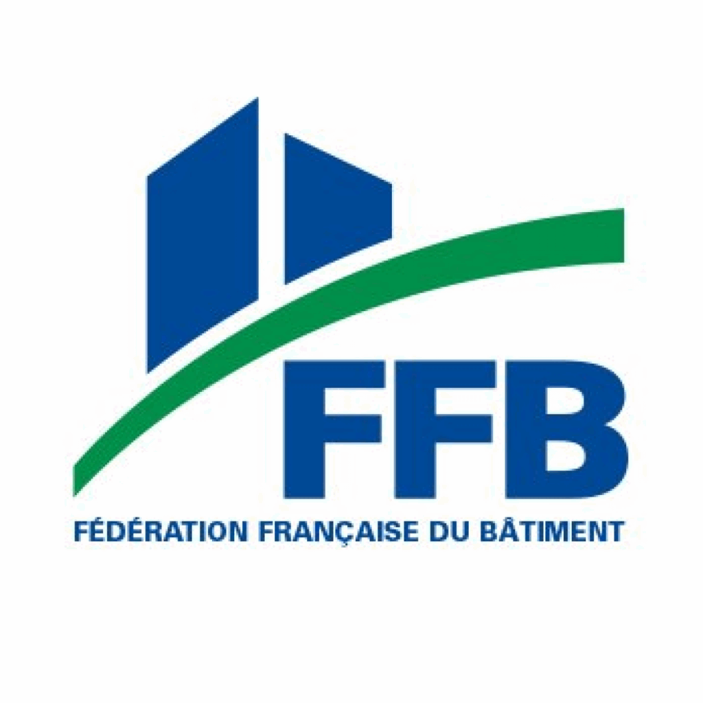 Logo officiel bleu et vert de la FFB (Fédération Française du Bâtiment). Deux formes de bâtiment stylisées sont croisées par une courbe verte.