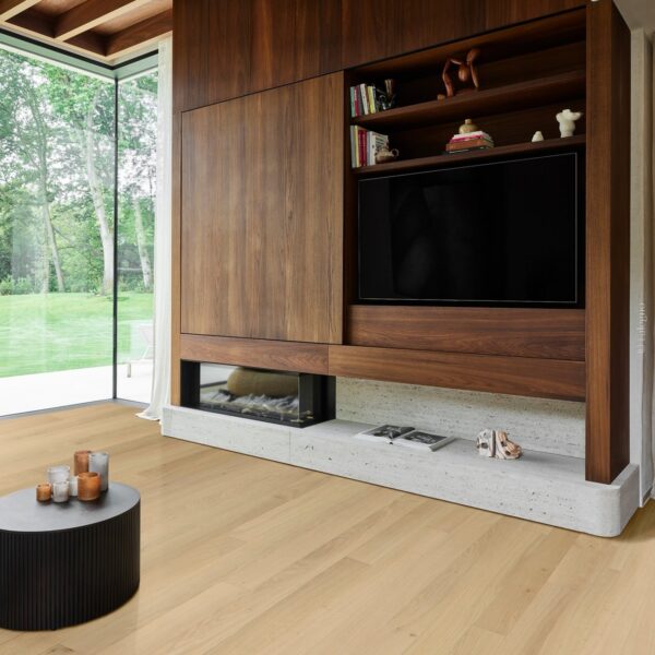 Salon luxueux. Mur média en noyer foncé et cheminée sur socle en pierre claire. Plancher de chêne, grande baie vitrée et jardin.