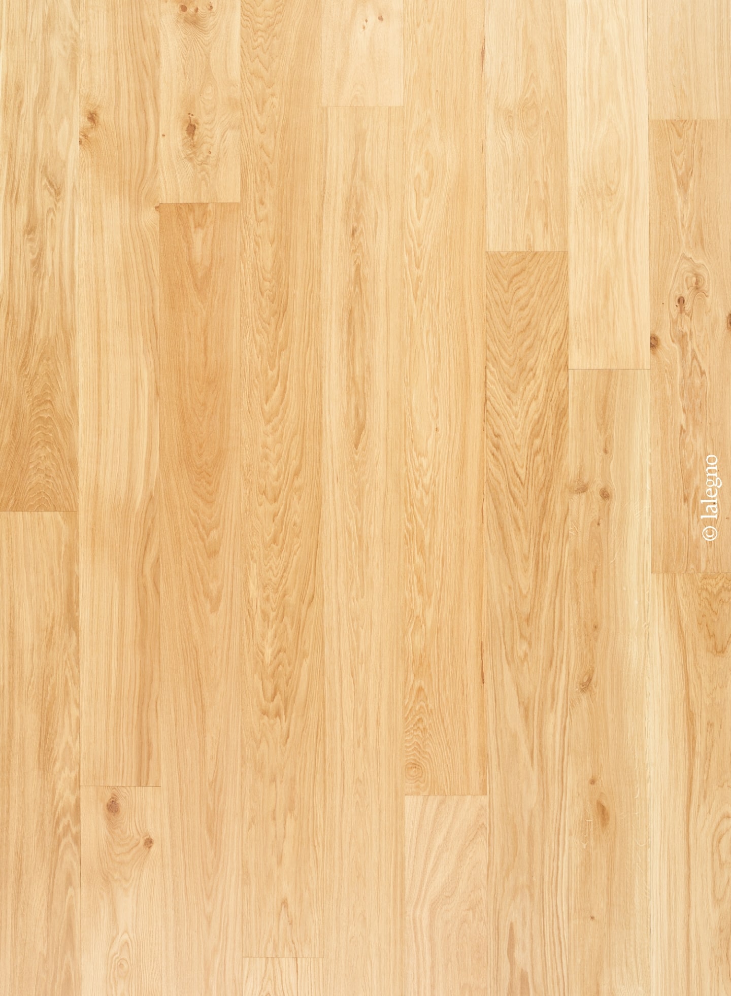 Plancher en chêne clair naturel à lames verticales, grain marqué et quelques nœuds discrets. Copyright © lalegno.