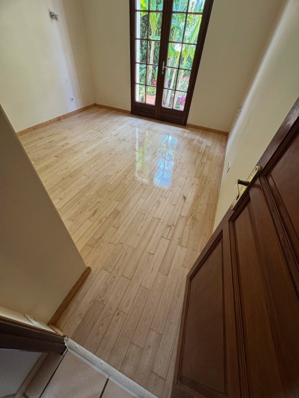 Intérieur de pièce vide. Parquet en chêne clair fraîchement vitrifié et très brillant. Grande porte-fenêtre double sur jardin tropical.