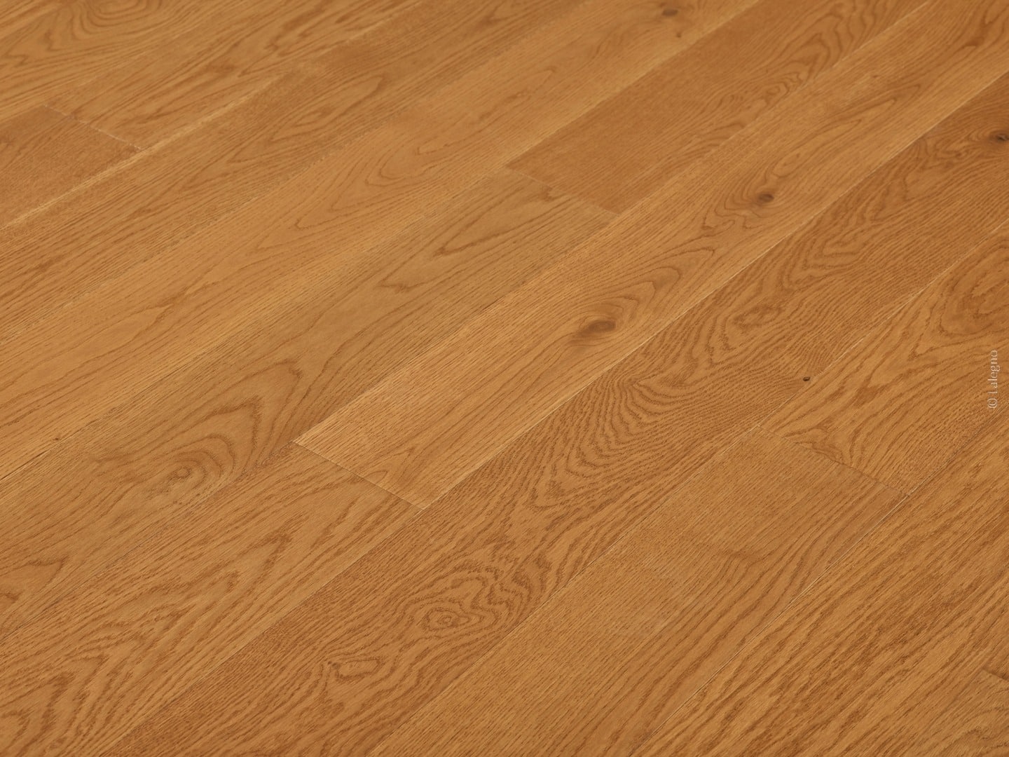 Parquet en chêne clair posé en diagonale, avec des lames larges au grain prononcé et une finition couleur miel doré.