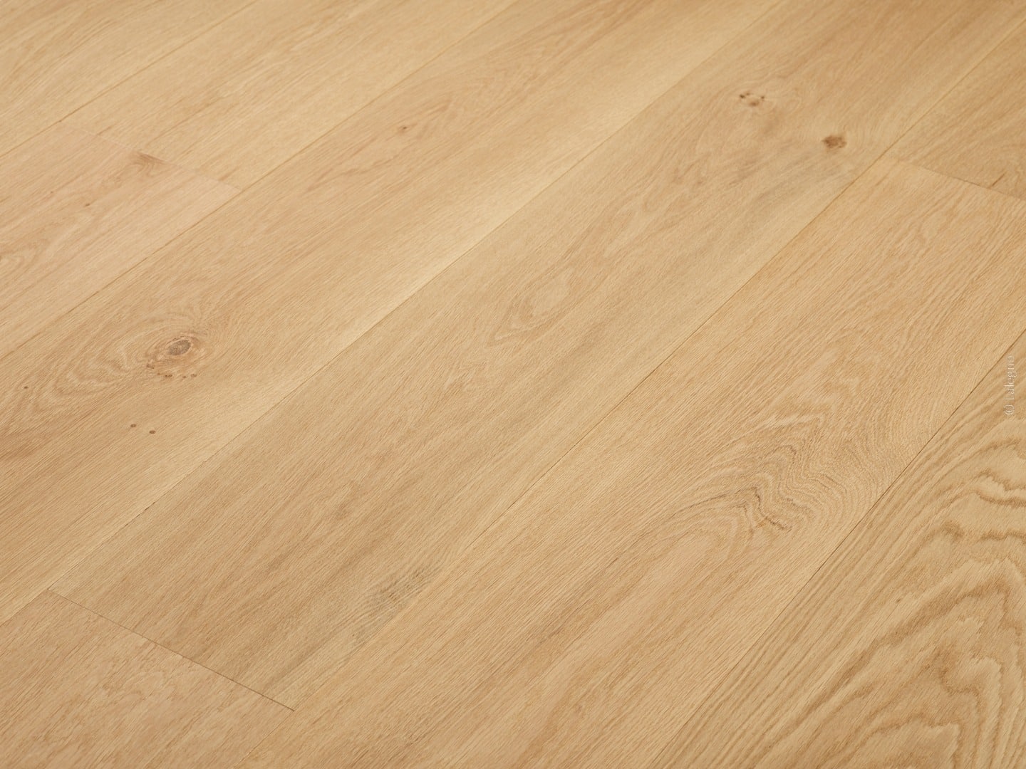 Parquet en chêne clair naturel, posé en lattes larges. Le grain du bois est visible avec des nœuds subtils pour un revêtement de sol lumineux.