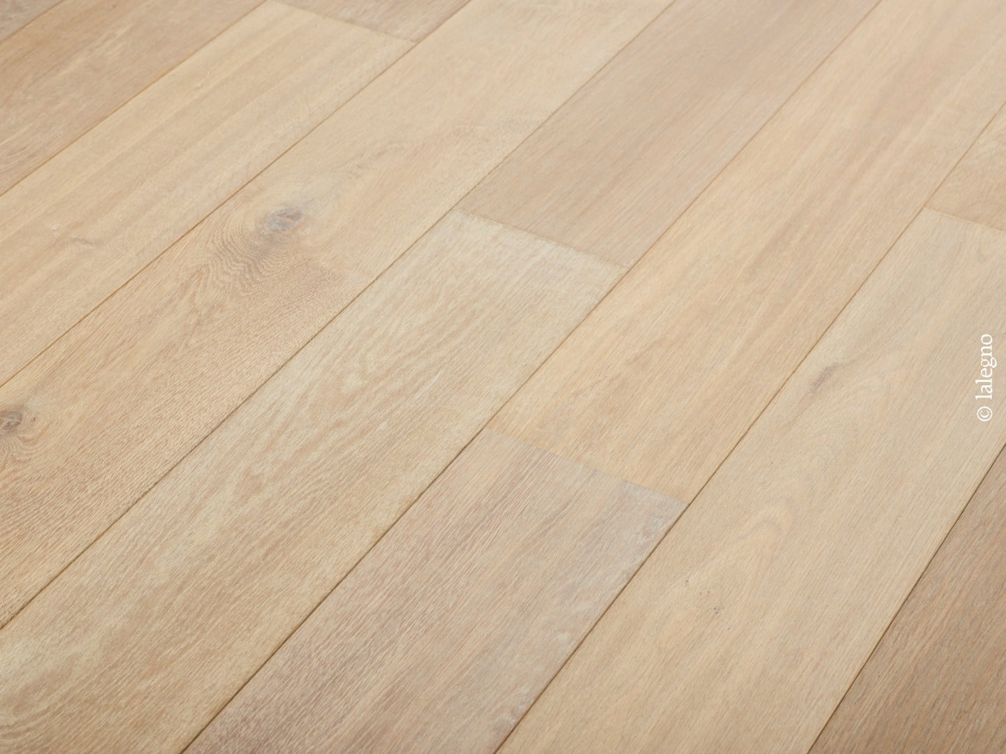 Parquet en chêne clair aux tons beige sable. Lames larges et grain subtil. Pose diagonale. Marque visible : © lalegno.