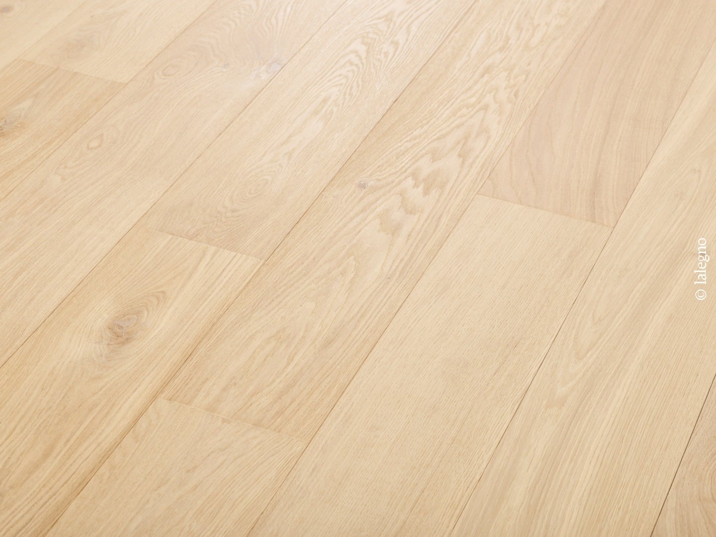 Parquet en chêne très clair posé en diagonale, montrant la texture du bois naturel et de petits nœuds. L'image est lumineuse. © lalegno