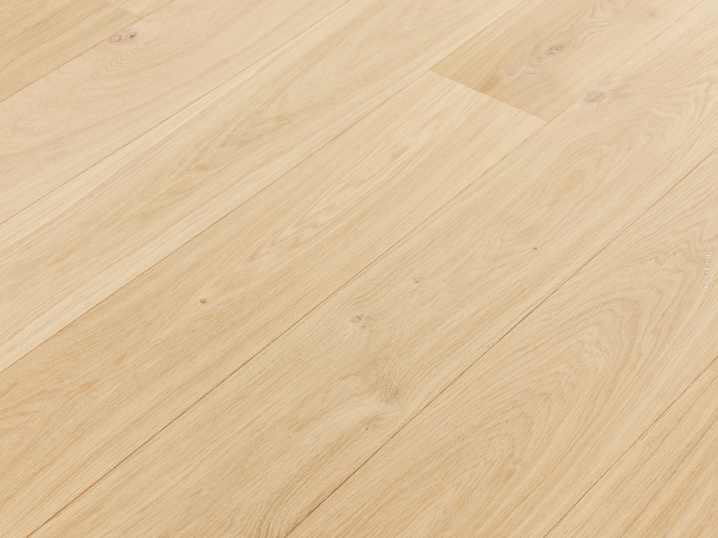 Sol en parquet clair en planches de chêne huilé posées en diagonale. Grain fin et couleur miel pâle.