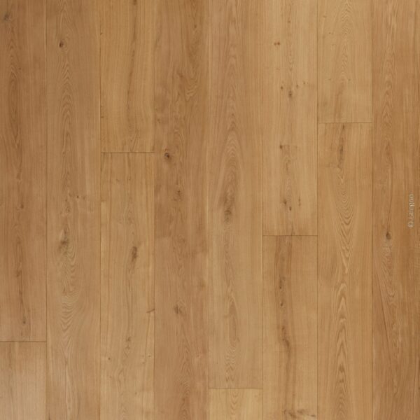 Sol en parquet de chêne clair, lames larges à pose droite, texture naturelle et nœuds discrets. Grain du bois visible. © Lalegno.