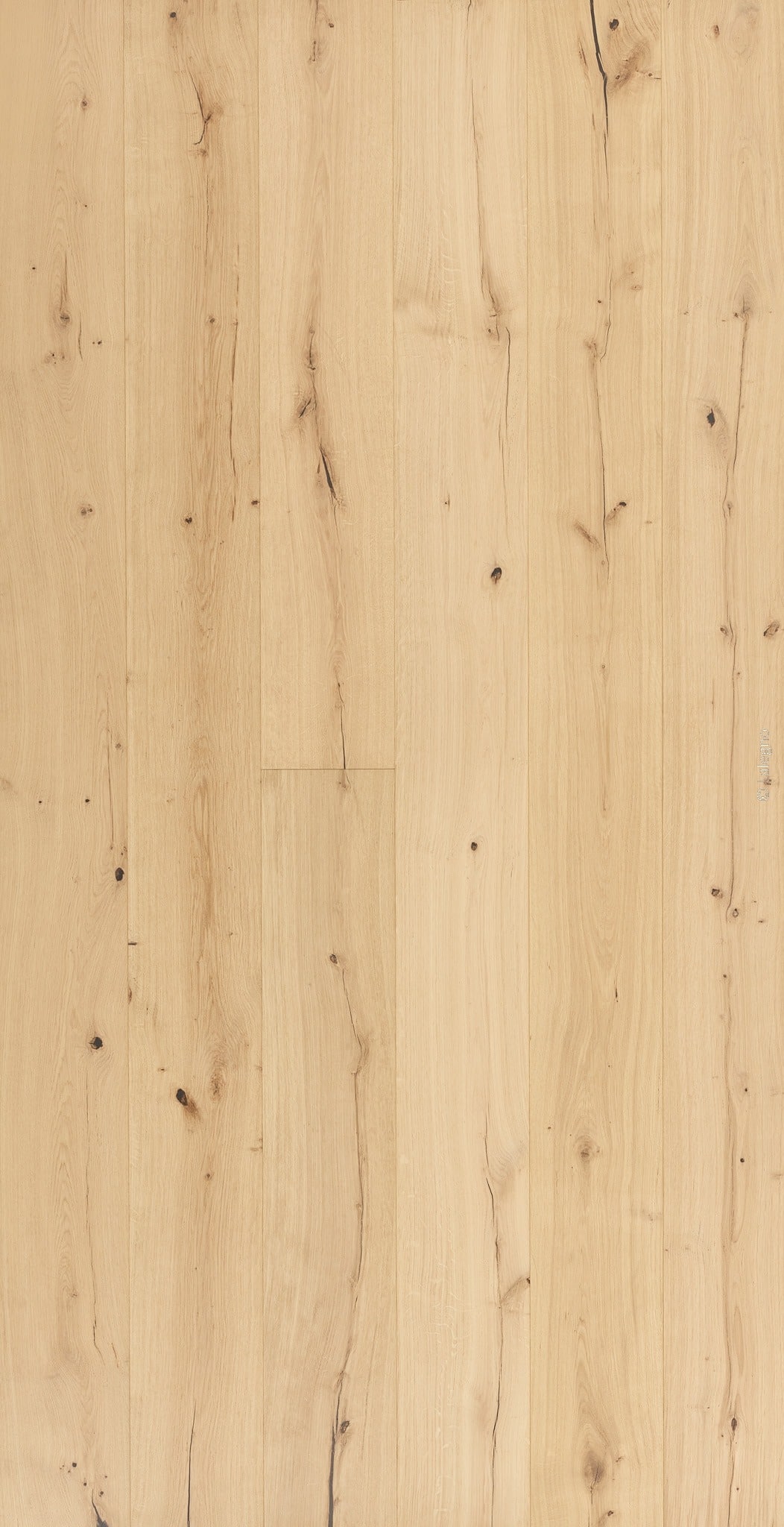 Plancher de chêne rustique clair, lattes verticales avec grain marqué, couleur miel. Nombreux nœuds sombres et fissures naturelles.