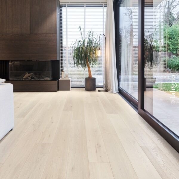 Salon contemporain, parquet chêne blanchi larges lattes. Cheminée bois foncé, grande baie vitrée et palmier en pot.