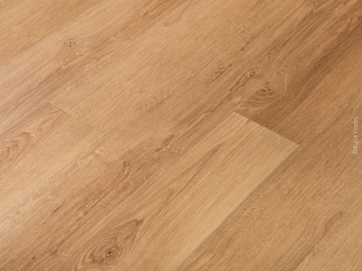 Parquet en lames de chêne clair posées en diagonale, avec nœuds et grain de bois détaillé. Copyright Rigid Floors.