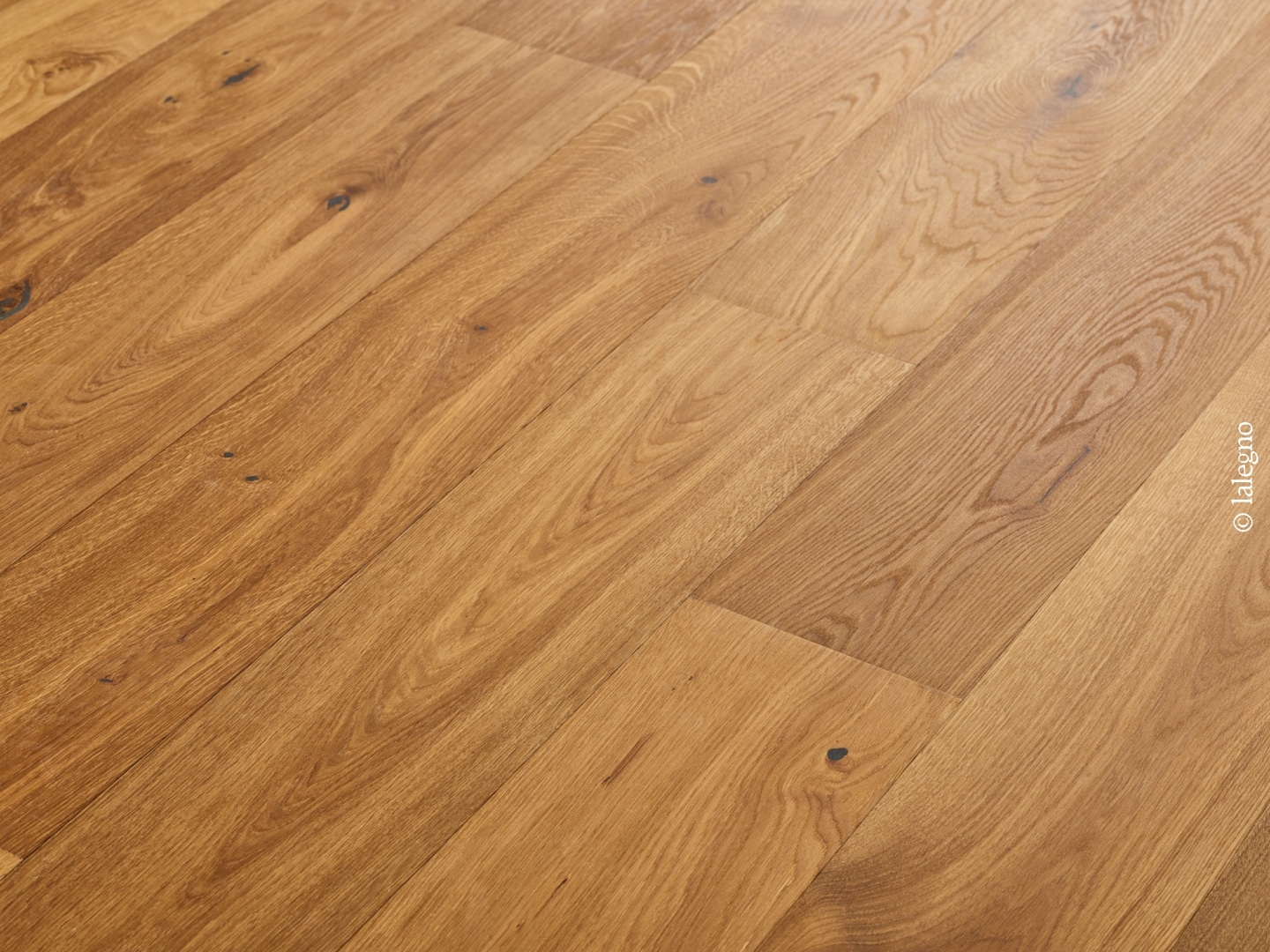 Gros plan sur un parquet en Chêne rustique, aux lames larges et à la finition dorée miel. Les nœuds naturels sont visibles. © lalegno.