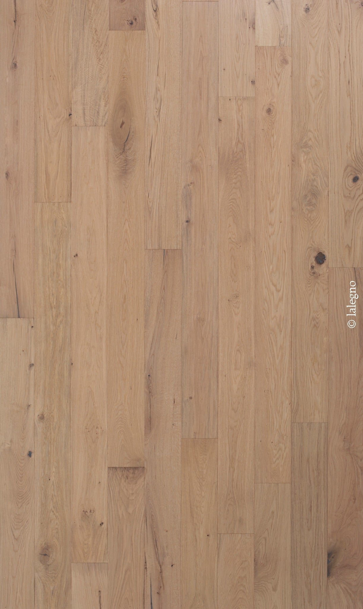Plancher en chêne clair à lattes larges style rustique. Grain naturel, nœuds apparents. Texte visible : © lalegno.