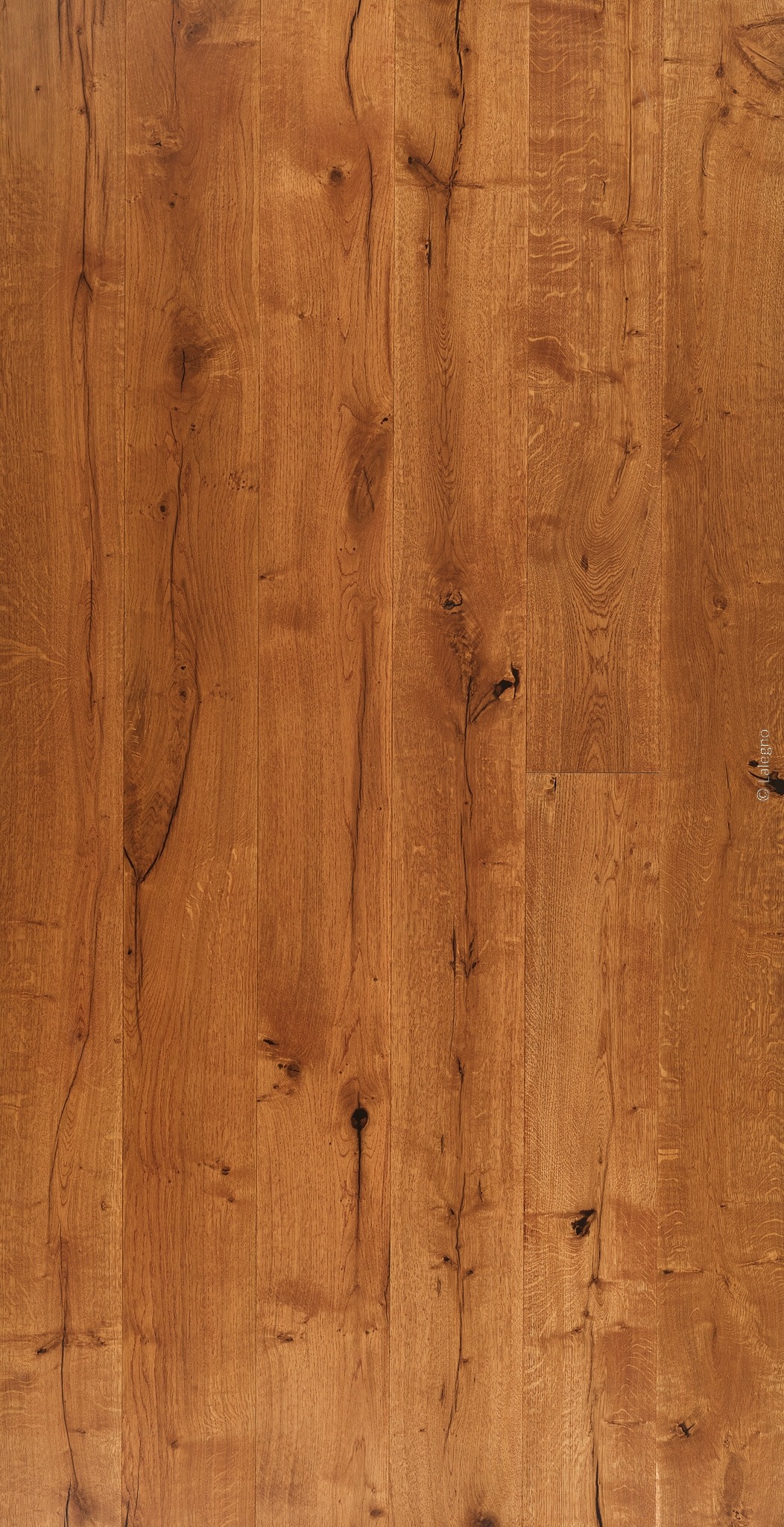 Planches de parquet en chêne rustique, ton brun-doré. Grain marqué, nœuds et fissures foncées soulignant l'aspect vieilli du bois.