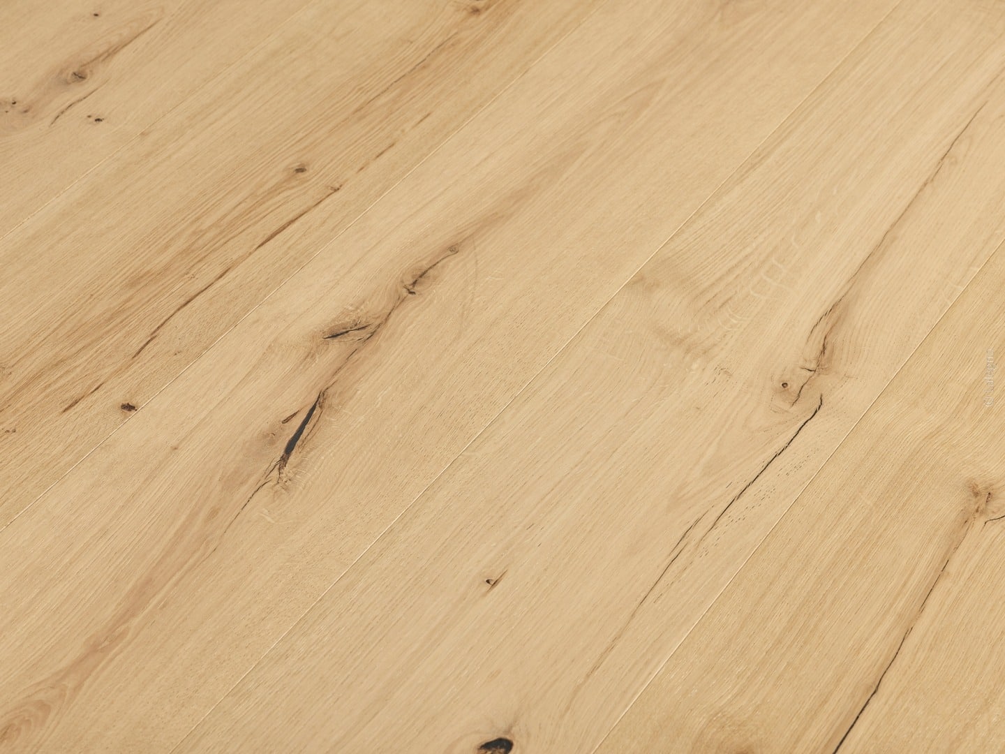 Sol parquet bois clair rustique. Lames larges de chêne naturel avec fissures et nœuds apparents, texture authentique.