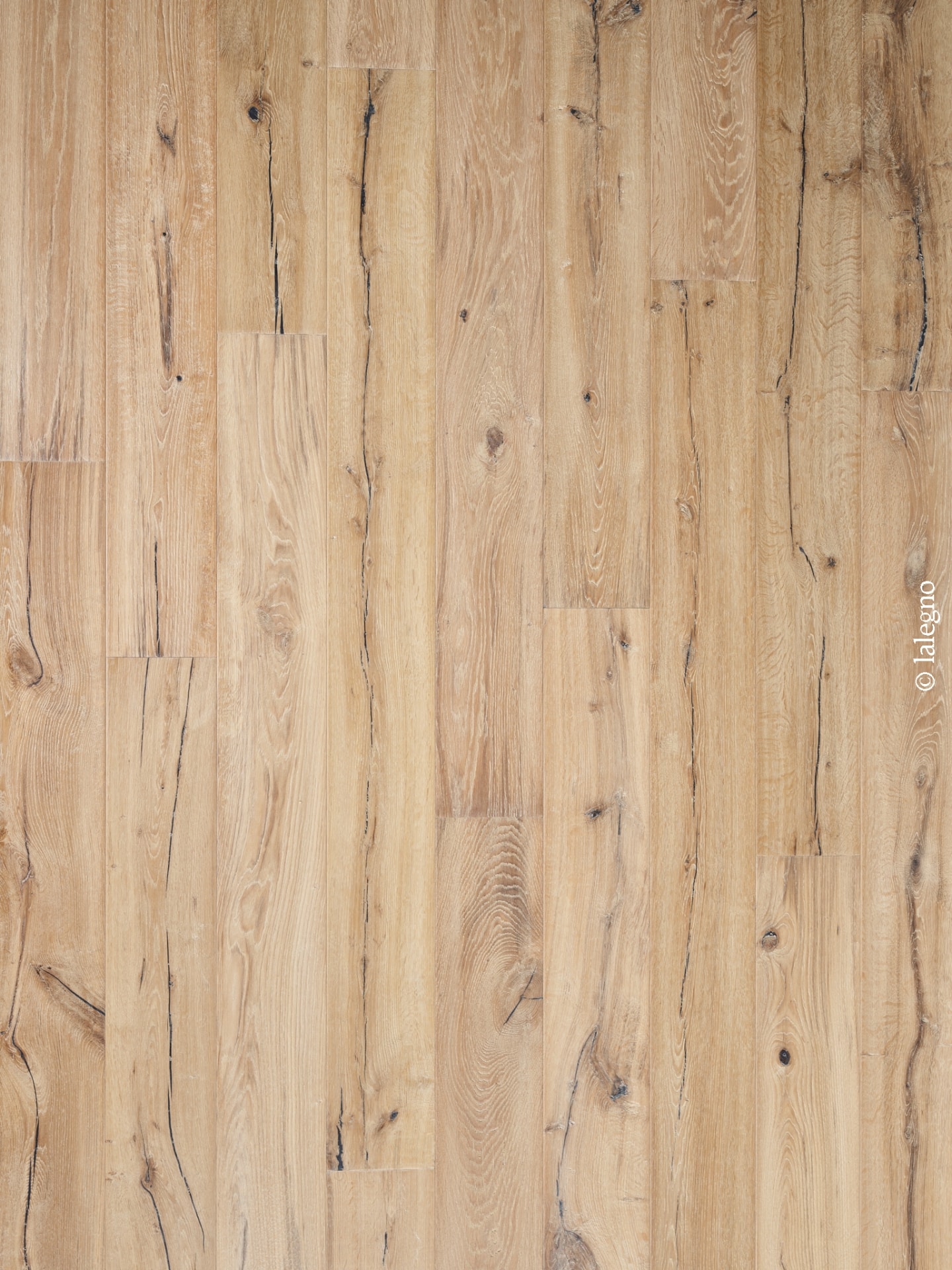 Plancher en bois de chêne clair avec une finition brossée, présentant des nœuds noirs et de longues fissures sombres. Copyright lalegno.