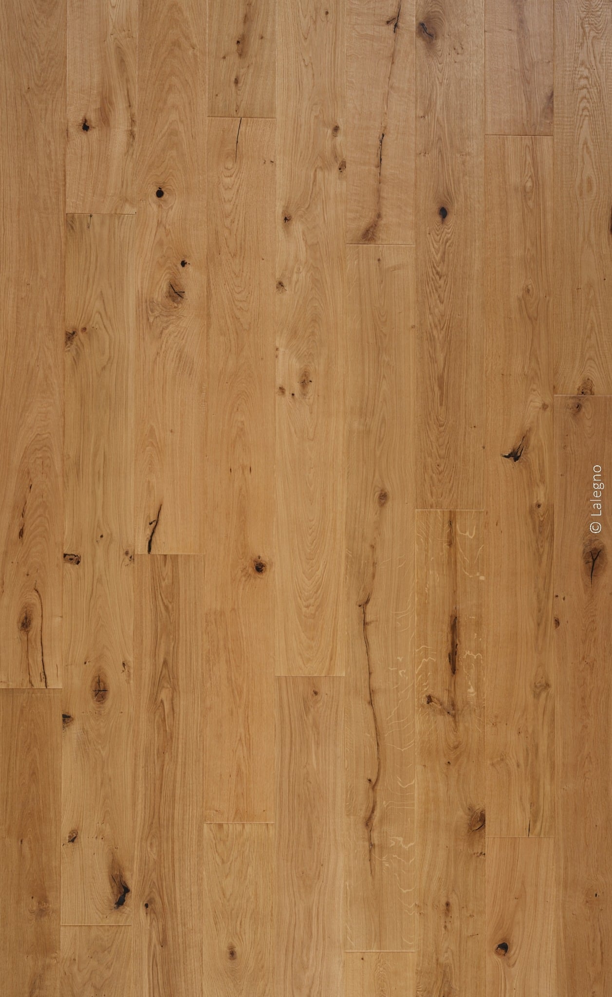 Plancher en chêne clair rustique, lames larges. Grain naturel et nombreux nœuds sombres. Texture huilée. Marque : © Lalegno.