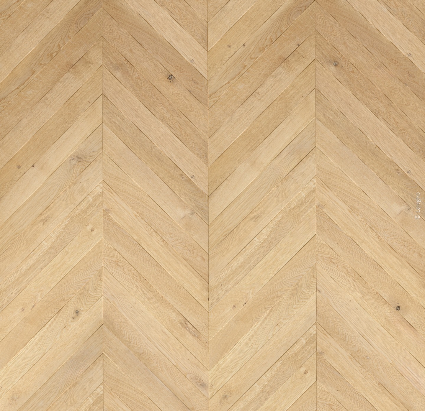 Parquet chevron en chêne clair, finition naturelle. Les lames de bois présentent des variations de grain subtiles pour un sol lumineux.