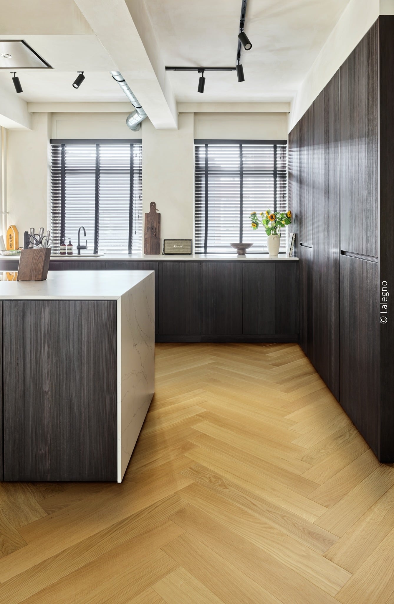 Cuisine industrielle chic: armoires bois foncé, îlot marbre blanc, parquet chêne clair à chevrons. Éclairage sur rail.