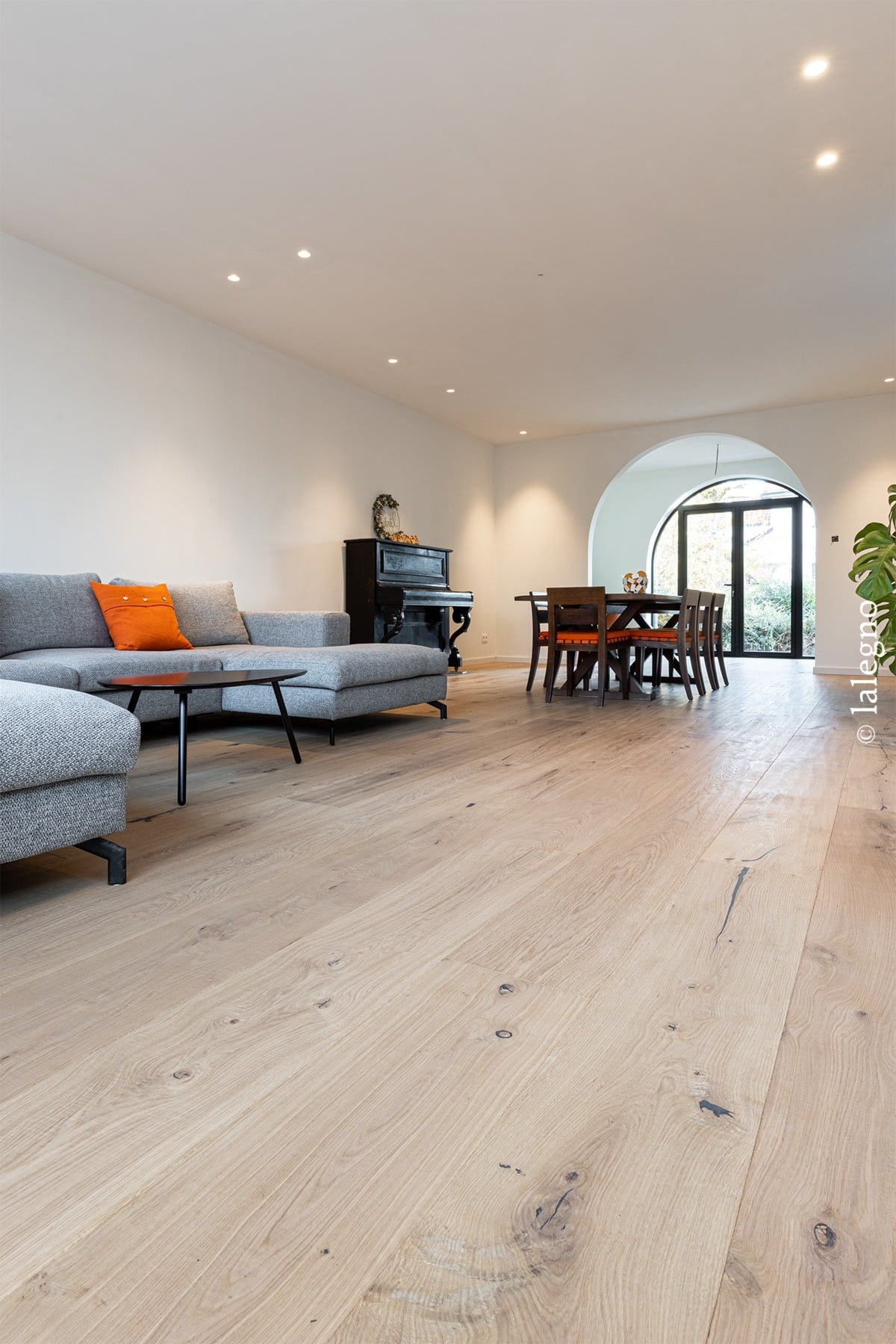 Plancher en bois de chêne clair, planches larges, rustique, dans un salon contemporain avec canapé gris et arche. Vue longue.
