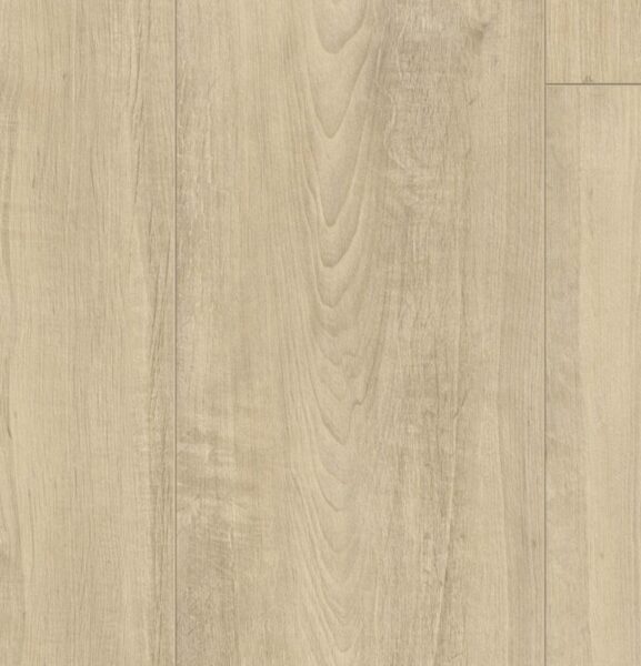 Lame de plancher en bois clair, couleur chêne beige pâle, avec un grain vertical prononcé et une texture naturelle.