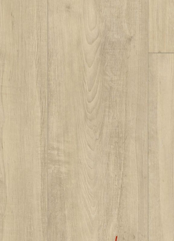 Lame de plancher en bois clair, couleur chêne beige pâle, avec un grain vertical prononcé et une texture naturelle.