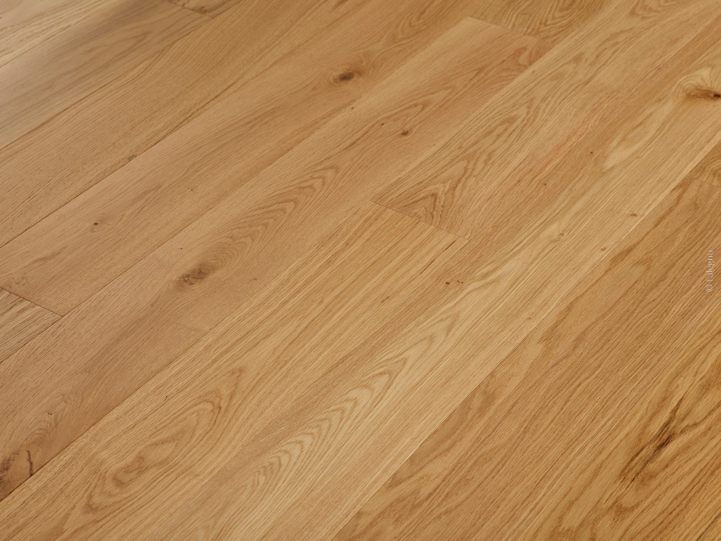 Plancher en bois de chêne clair à lattes posées en diagonale, montrant la texture du grain et quelques petits nœuds.