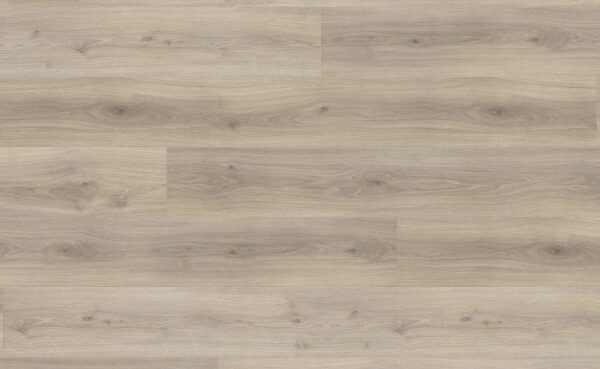 Revêtement de sol imitation bois chêne clair. Larges lames beige taupe, grain de bois apparent et nœuds subtils.