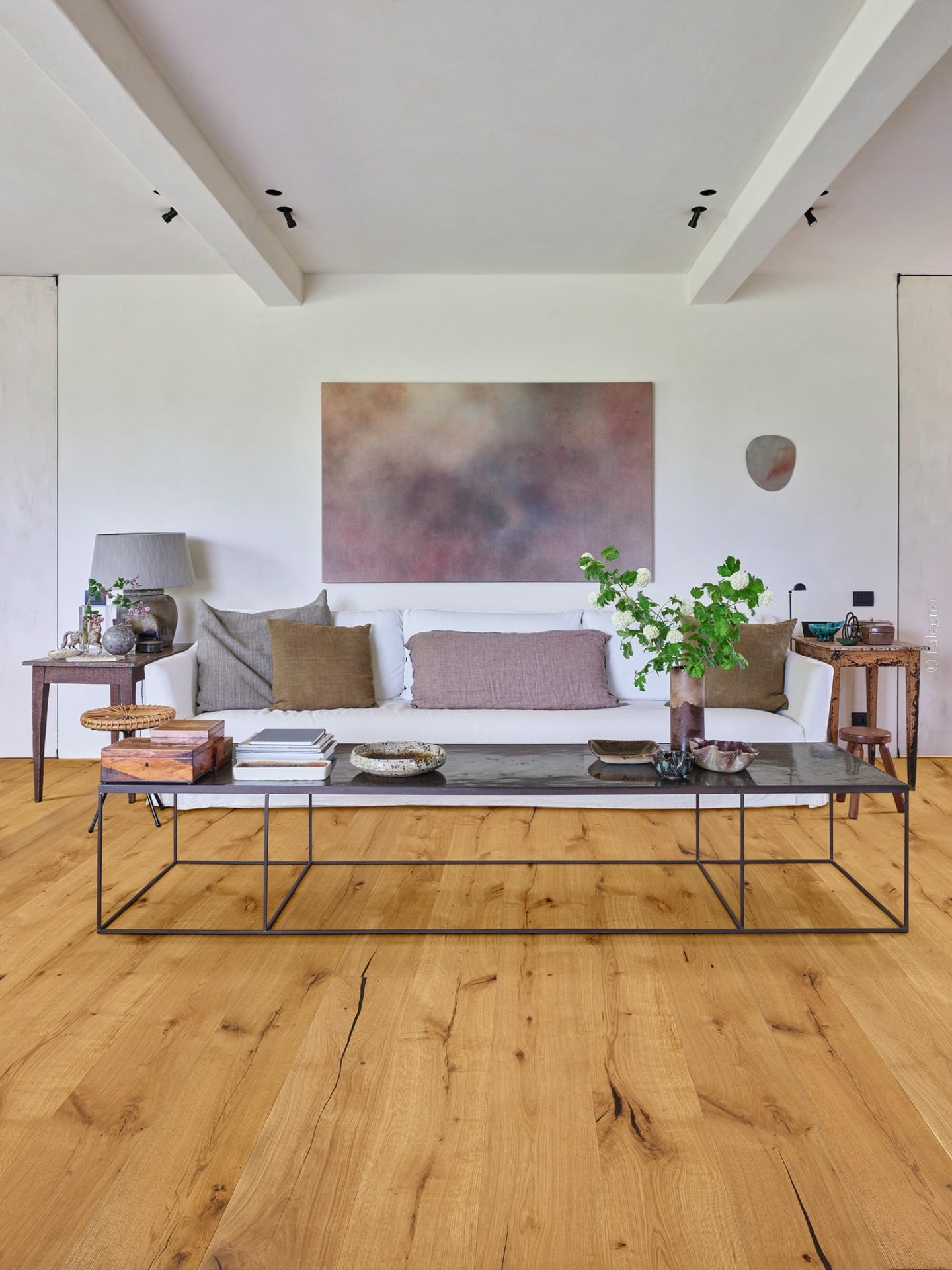 Pièce de vie épurée : murs blancs, canapé, longue table basse en métal. Éclairage directionnel et sol en parquet chêne rustique.