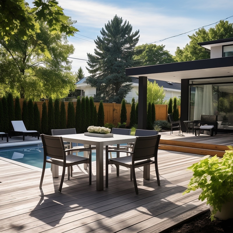 Terrasse moderne : Salon extérieur et piscine élégants Table à manger extérieure moderne sur une terrasse en bois clair, bordant une piscine et un jardin paysager.