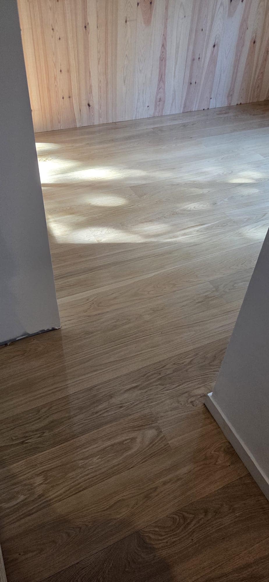 Parquet bois clair et murs lambrissés sous lumière naturelle filtrante.