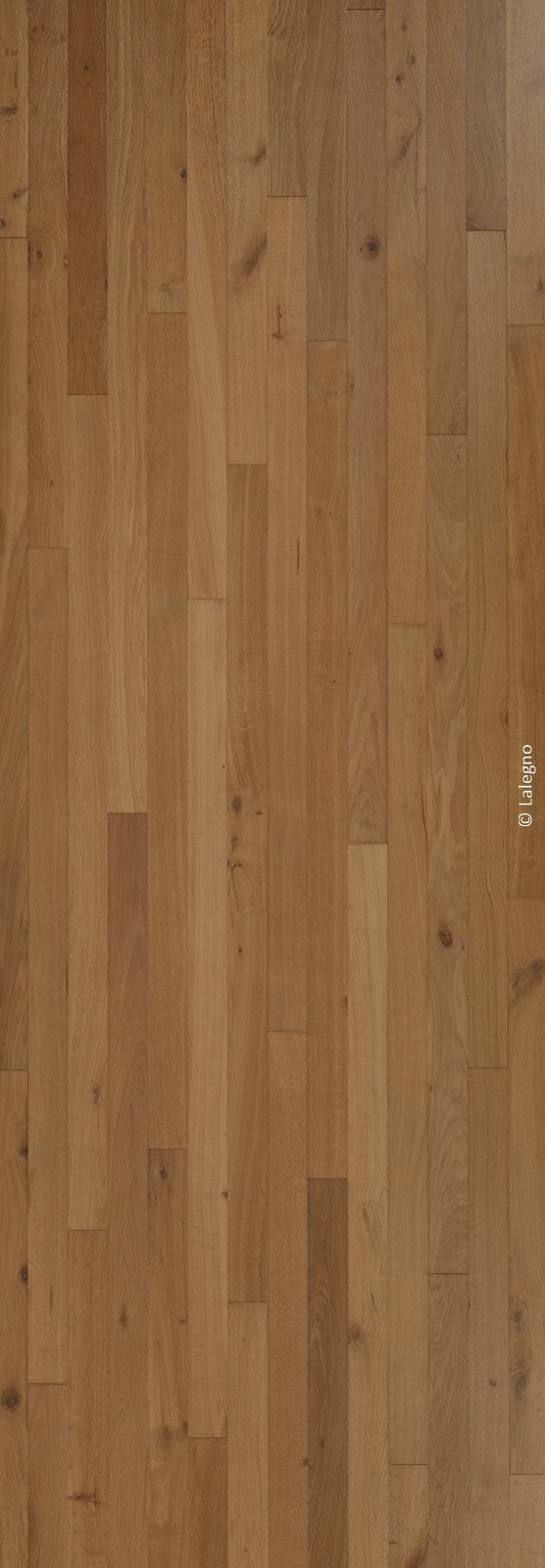 Parquet Lalegno en bois véritable aux tons chauds, lattes verticales avec grain naturel apparent.
