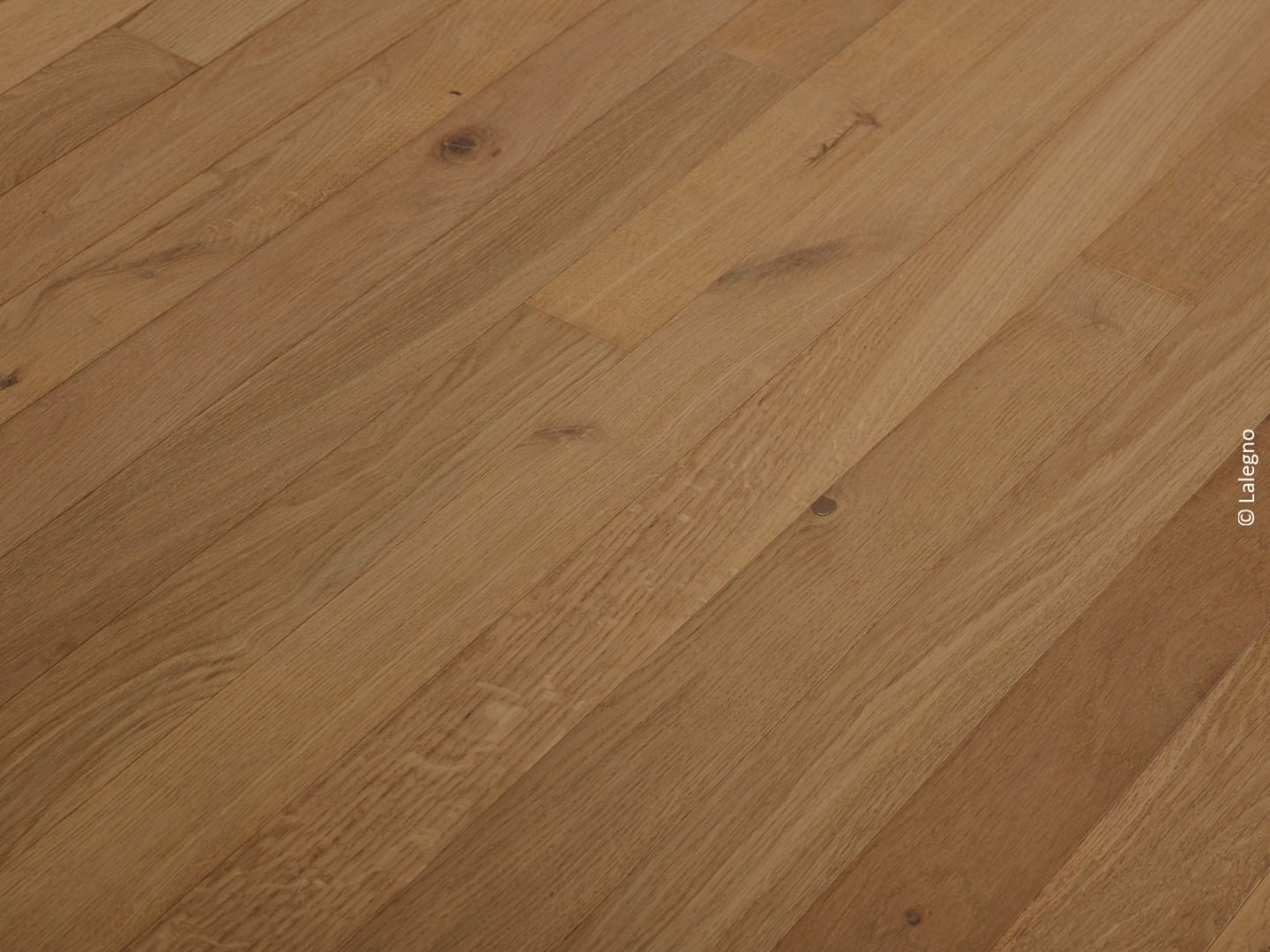 Parquet Lalegno en chêne naturel, grain de bois chaleureux et nœuds apparents pour un sol authentique.